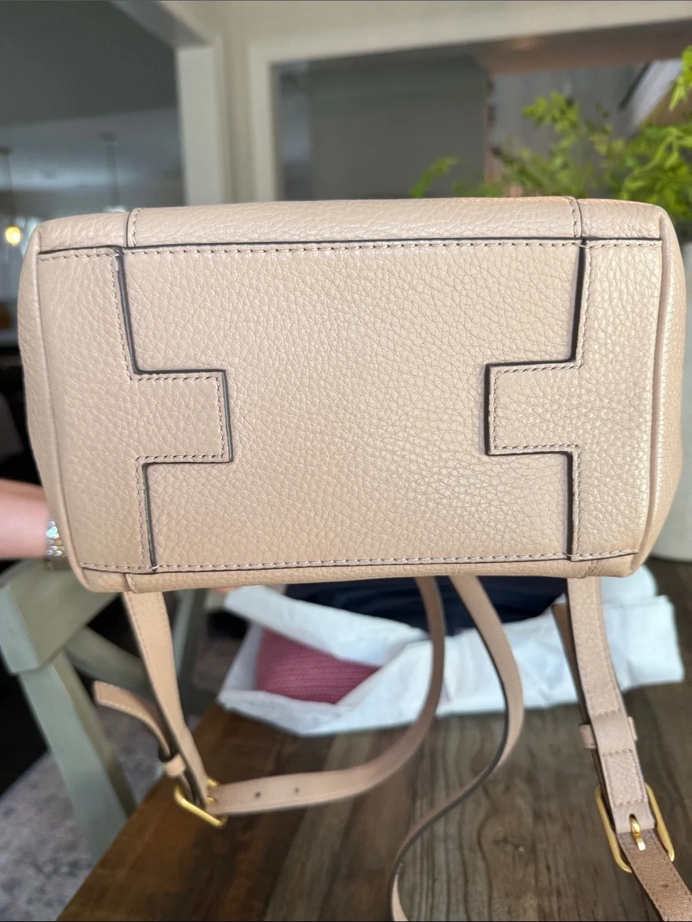 Tory Burch Pebbled Leather Tassel Backpack in Light Beige